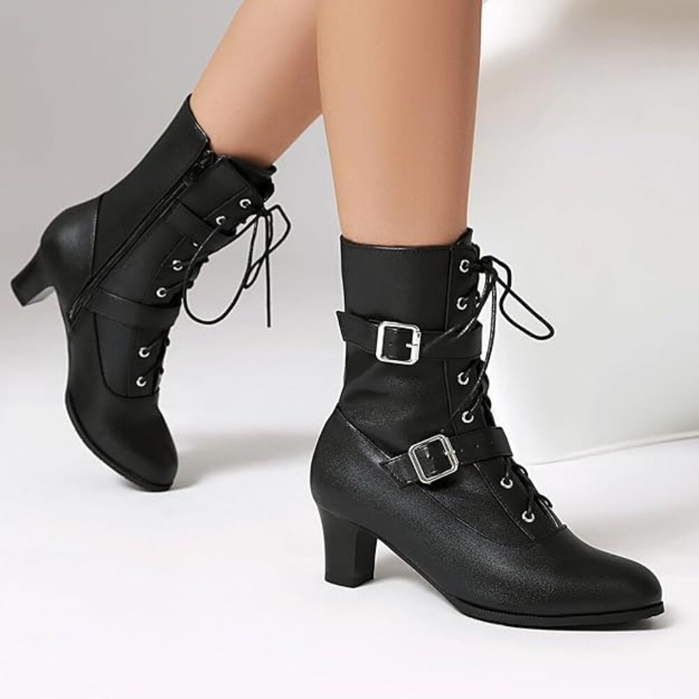 Women Short Ankle Boots Lace Up Bukle Boots Side Zipper Victorian Booties Kitten